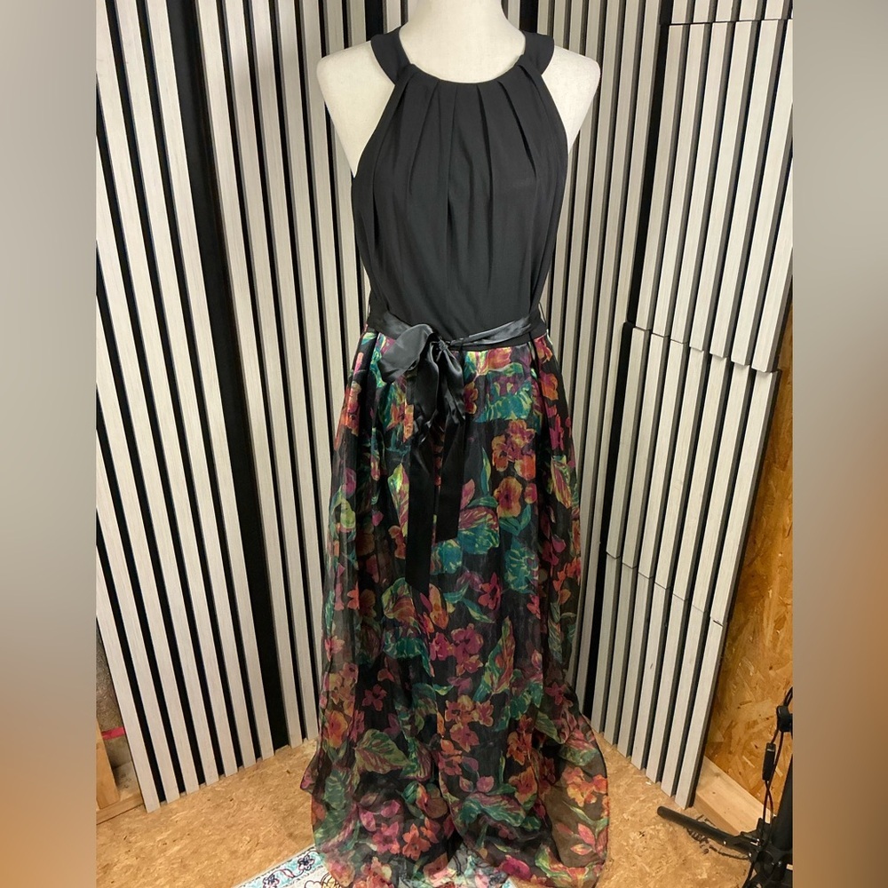 SL Fashions Black Dress with Colorful Floral Design, Sz 12